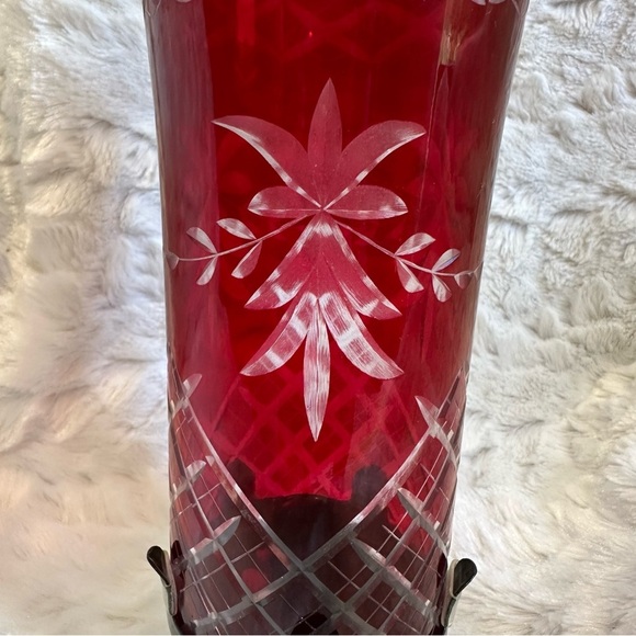 Vintage Bohemia Czech Crystal Ruby Red Cut to Clear Candle Holder Shade - Picture 3 of 6